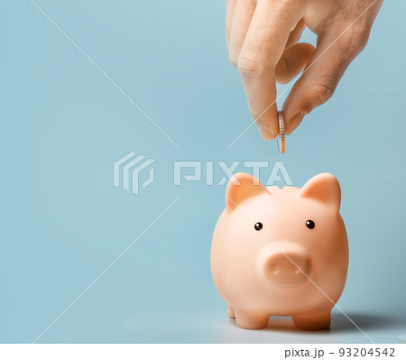 Hand putting coin in the piggy bank Hand putting coin in the piggy bank 93204542