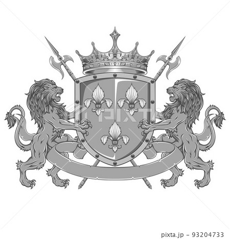 Heraldic shield with two rampant lions Heraldic shield with two rampant lions 93204733