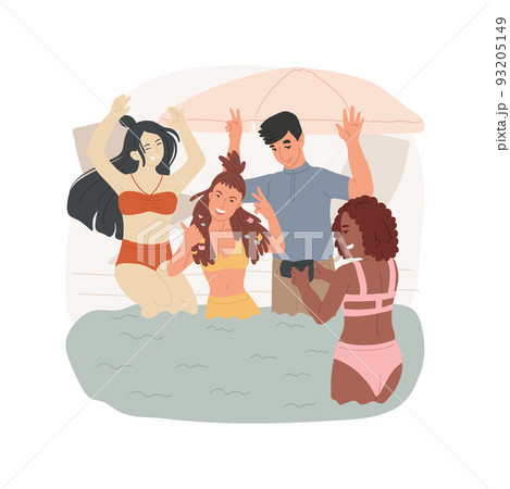 Taking pictures isolated cartoon vector illustration. Friends taking pictures, leisure time near pool together, girl makes photo, holding camera, guys smiling and laughing vector cartoon. 93205149