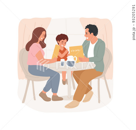 Dinner isolated cartoon vector illustration. Family sitting in a hotel restaurant, reading a la carte menu, evening out, having dinner with kids, summer vacation resort vector cartoon. 93205291