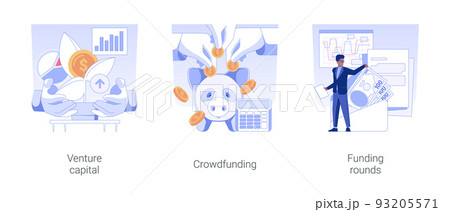 Raising money for startup isolated concept vector illustration set. Venture capital, crowdfunding strategy, funding rounds, private equity financing, business sponsorship vector cartoon. 93205571