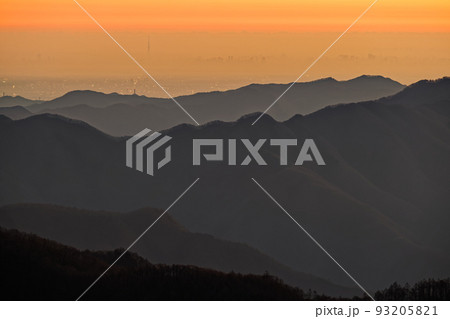 南大菩薩・大蔵高丸から見る夜明けの山並みと東京スカイツリー 93205821