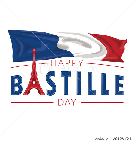 Waving flag of France with Eiffel tower landmark Happy bastille day Vector 93206753