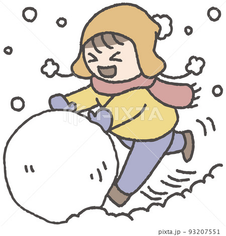 大きな雪玉を作って遊ぶ子供のイラスト 93207551