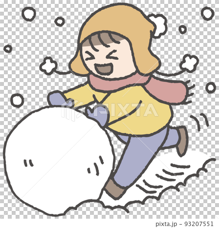 大きな雪玉を作って遊ぶ子供のイラスト 93207551