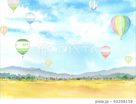 熱気球が飛ぶ風景 水彩画のイラスト素材 [93208159] - PIXTA