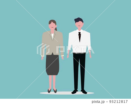 ビジネスマンとビジネスウーマン 立つ 会社員の男女 オフィス 背景 イラスト	 93212817