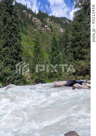 A beautiful stormy mountain river of milky hue flows rapidly among large stones and boulders near the mountains and the blue sky. The mountain river fascinates and attracts attention.  93213458