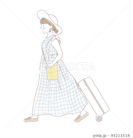 キャリーバッグを持って旅行に出掛けるロングワンピースを着た女性 93213519