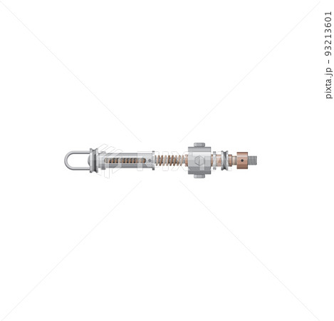 Vehicle detail isolated damper realistic icon. Vector shock absorber vehicle spare part. Hydraulic pneumatic cylinder with spring and bolt. Automatic mechanism stabilizer, connecting joint element 93213601