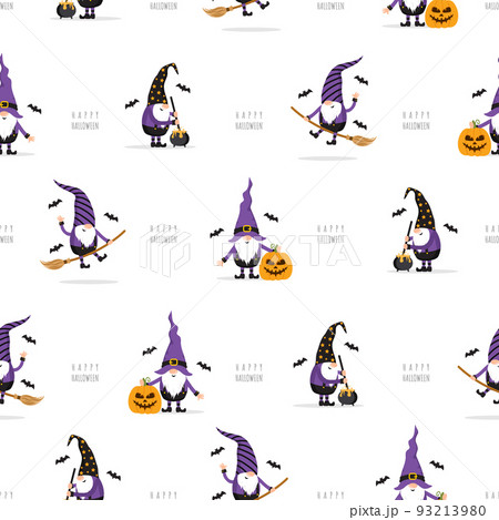 Seamless pattern with Halloween gnomes. Cute festive background for spooky night. Vector illustration in flat cartoon style. Perfect for fabric, package paper, wallpaper, greeting cards 93213980
