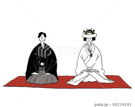 毛氈(もうせん)に座って正座をする和装の新郎新婦、（角隠し）、横 93214191