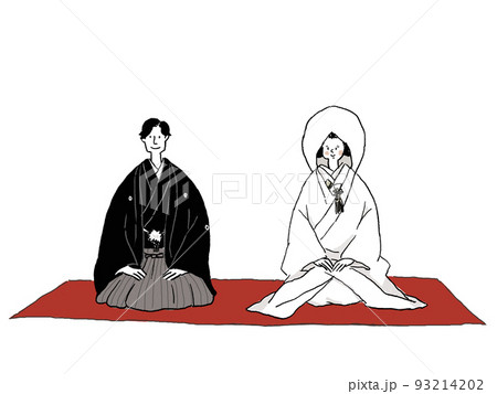 毛氈(もうせん)に座って正座をする和装の新郎新婦、（綿帽子）、横 93214202