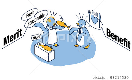 メリットとベネフィットを図解したペンギンのアイソメイラスト 93214580