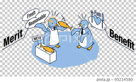 メリットとベネフィットを図解したペンギンのアイソメイラスト 93214580