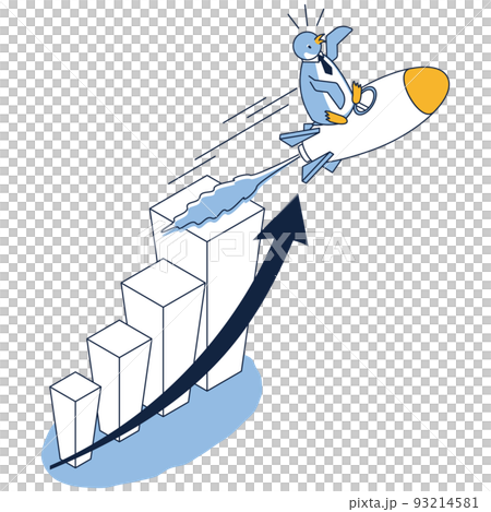 ロケットに乗って上昇するペンギンのアイソメイラスト 93214581