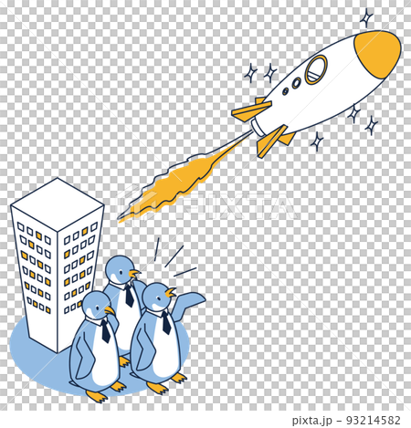 ロケットに乗って上昇するペンギンのアイソメイラスト 93214582