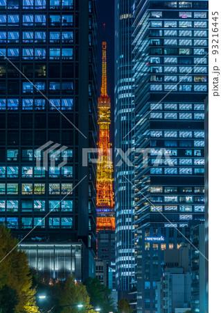 都市夜景「東京都」ビルの間から見える東京タワー 93216445