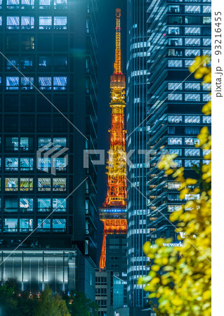 都市夜景「東京都」ビルの間から見える東京タワー 93216455