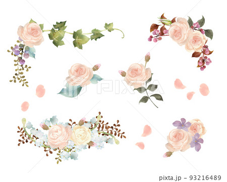 水彩で描いたピンクの薔薇のブーケセット 水彩で描いたピンクの薔薇のブーケセット 93216489