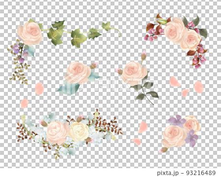 水彩で描いたピンクの薔薇のブーケセット 水彩で描いたピンクの薔薇のブーケセット 93216489