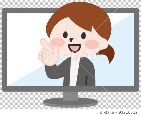 Illustration of a woman explaining from a computer screen Illustration of a woman explaining from a computer screen 93216512