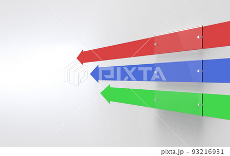 Three blank glass interior corporate signage plates with three direction arrows, Clear boards for branding, logo. Three directional advertising arowws with Acrylic signboards. 3D rendering 93216931