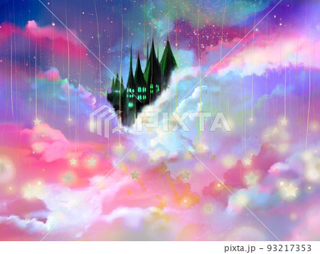 虹色の雲海の中の御伽話の様なお城と月と星空のファンタジー風景背景イラスト 虹色の雲海の中の御伽話の様なお城と月と星空のファンタジー風景背景イラスト 93217353