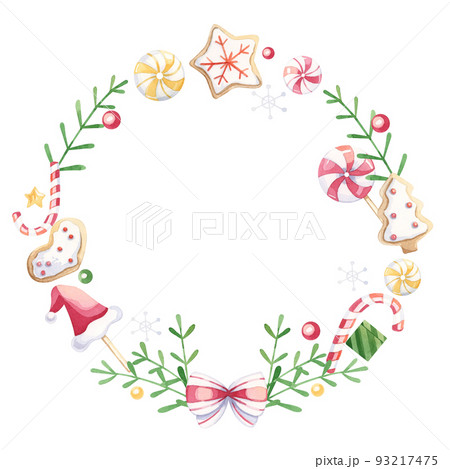 Merry Christmas wreath with fir branches, sweets and gingerbread, white background. 93217475