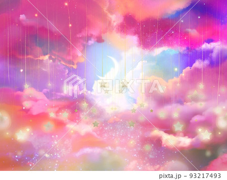 虹色の雲海に浮かぶ夢かわいい星々のガーリーなファンタジー風景イラスト 93217493