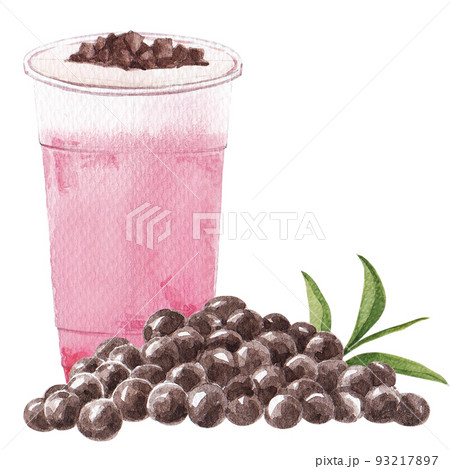 Bubble milk tea . Pearl boba drink in glass cup with bubbles watercolor png 93217897