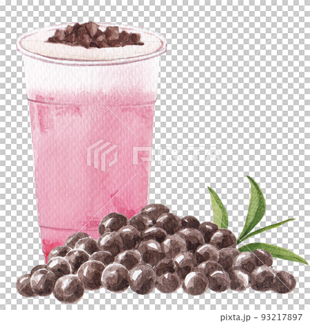 Bubble milk tea . Pearl boba drink in glass cup with bubbles watercolor png 93217897