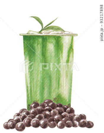 Bubble milk tea . Pearl boba drink in glass cup with bubbles watercolor png 93217898