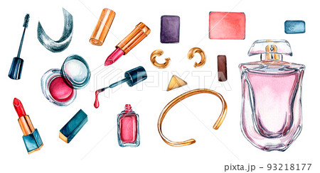 Banner of make up set with perfume watercolor illustration isolated on white background. 93218177