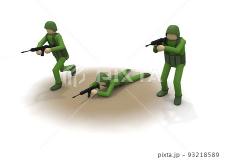 3人の兵士。戦場で戦う兵士。武器で攻撃する。戦争の現場。 3人の兵士。戦場で戦う兵士。武器で攻撃する。戦争の現場。 93218589