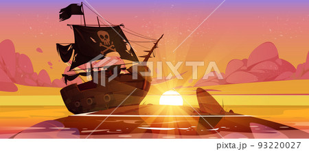 Pirate ship stuck on shallow in sea at sunset time Pirate ship stuck on shallow in sea at sunset time 93220027