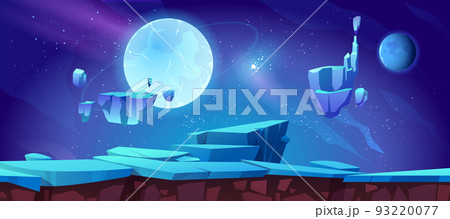 Night landscape with neon moon and rocky cliffs 93220077