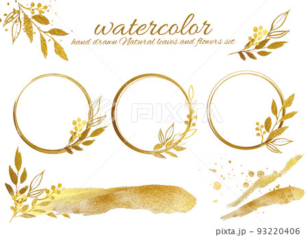 ゴールドリーフの背景とサークルフレームのセット 93220406