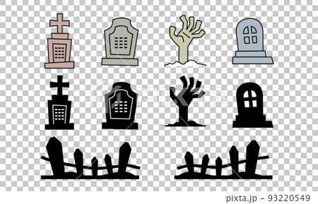 Illustration material of a grave, a fence and a zombie hand. 93220549