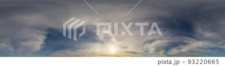 Dark blue sunset sky panorama with Cirrus clouds. Seamless hdr 360 panorama in spherical equirectangular format. Full zenith for 3D visualization, sky replacement for aerial drone panoramas. 93220665
