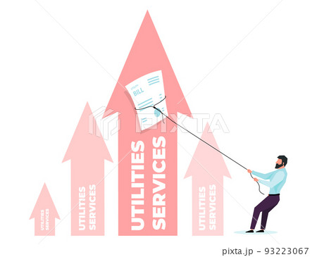 A graph of rising prices for utilities in the form of four pink arrows with a leaflet or a check for paying utility bills and a man with a beard in a shirt and trousers, who pulls them down with a rop 93223067