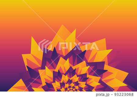 Abstract half flower pattern at the bottom of the illustration with geometric triangular multicolored gradient yellow, orange, purple petals on a gradient violet pink background. Vector EPS 10 93223068