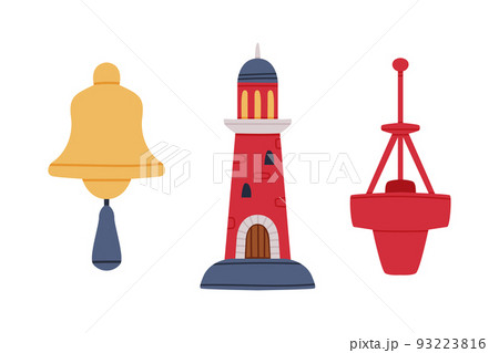 Nautical objects set. Classical marine bell with rope, lighthouse and marine buoy cartoon vector illustration Nautical objects set. Classical marine bell with rope, lighthouse and marine buoy cartoon vector illustration 93223816