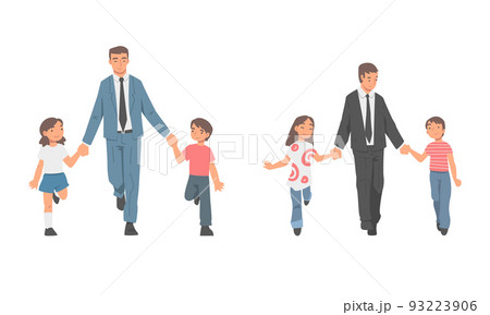 Dad holding hands his daughter and son set. Father taking his children to school cartoon vector illustration Dad holding hands his daughter and son set. Father taking his children to school cartoon vector illustration 93223906