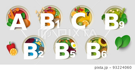 Vitamin A, B, C paper cut craft art vector set 93224060