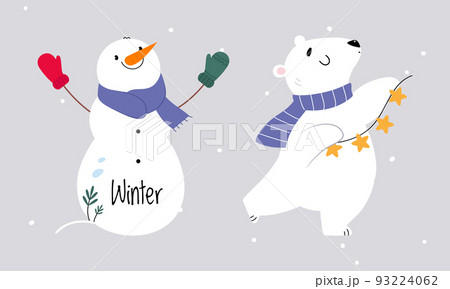 Set of cute winter forest animals. Snowman and polar bear Christmas characters vector illustration 93224062