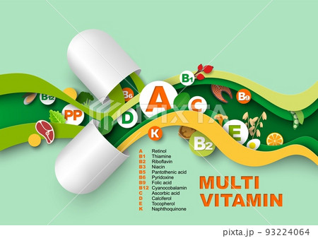 Multi vitamin complex paper cut craft art vector 93224064