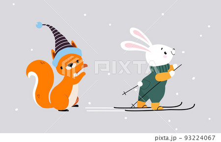 Set of cute winter forest animals. Squirrel and rabbit Christmas characters vector illustration 93224067