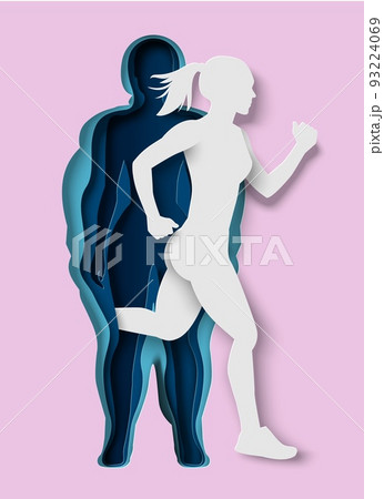Woman running out of fat body paper cut vector 93224069