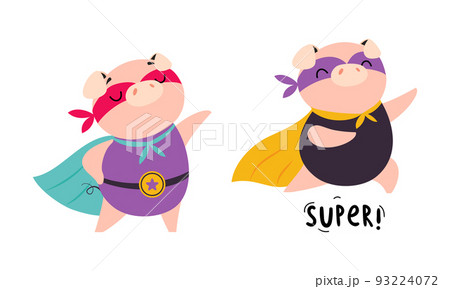 Funny pigs dressed as superheroes set cartoon vector illustration 93224072